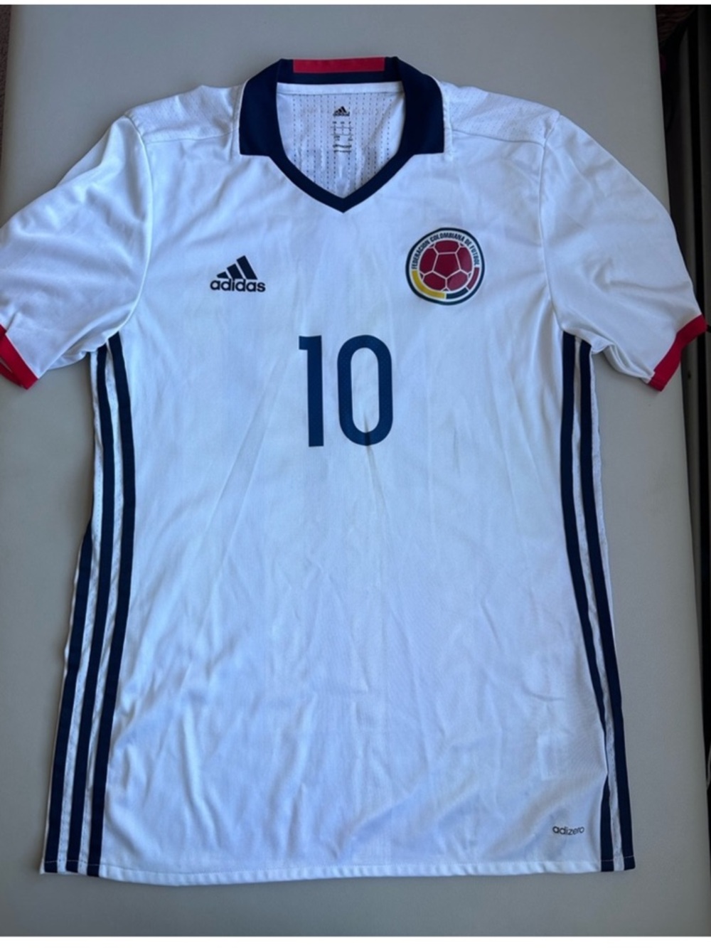 adidas White & Navy Colombia #10 Football Jersey with Red Accents